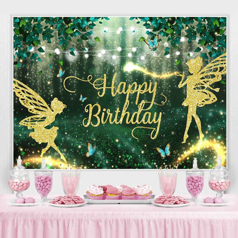 Lofaris Green Forest And Glitter Fairy Happy Birthday Backdrop