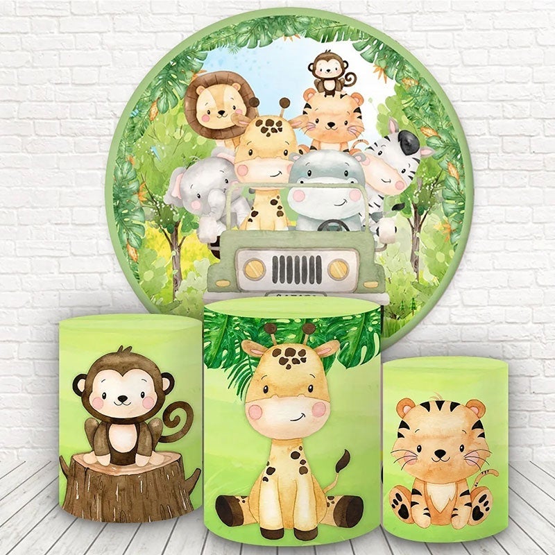 Lofaris Green Forest With Cute Animals Round Birthday Backdrop Kit