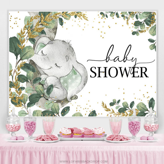 Lofaris Green Gold Leaves Elephant Baby Shower Backdrop