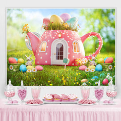 Lofaris Green Grass And Pink Teapot Happy Easter Day Backdrop