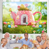Load image into Gallery viewer, Lofaris Green Grass And Pink Teapot Happy Easter Day Backdrop
