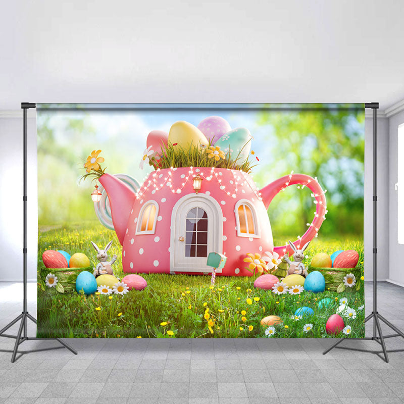 Lofaris Green Grass And Pink Teapot Happy Easter Day Backdrop