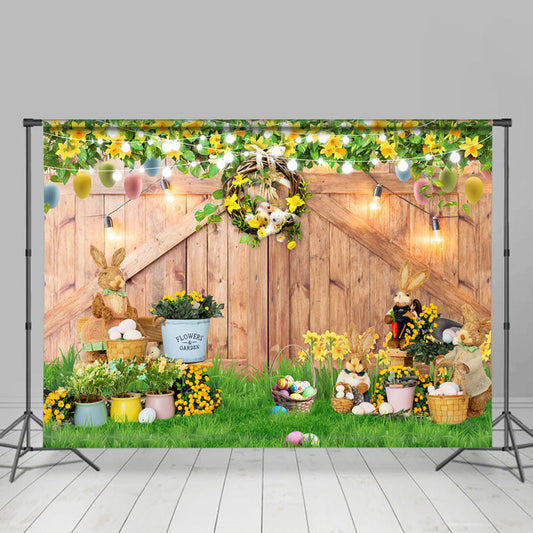 Lofaris Green Grass Floral Bunny Garden Easter Backdrop