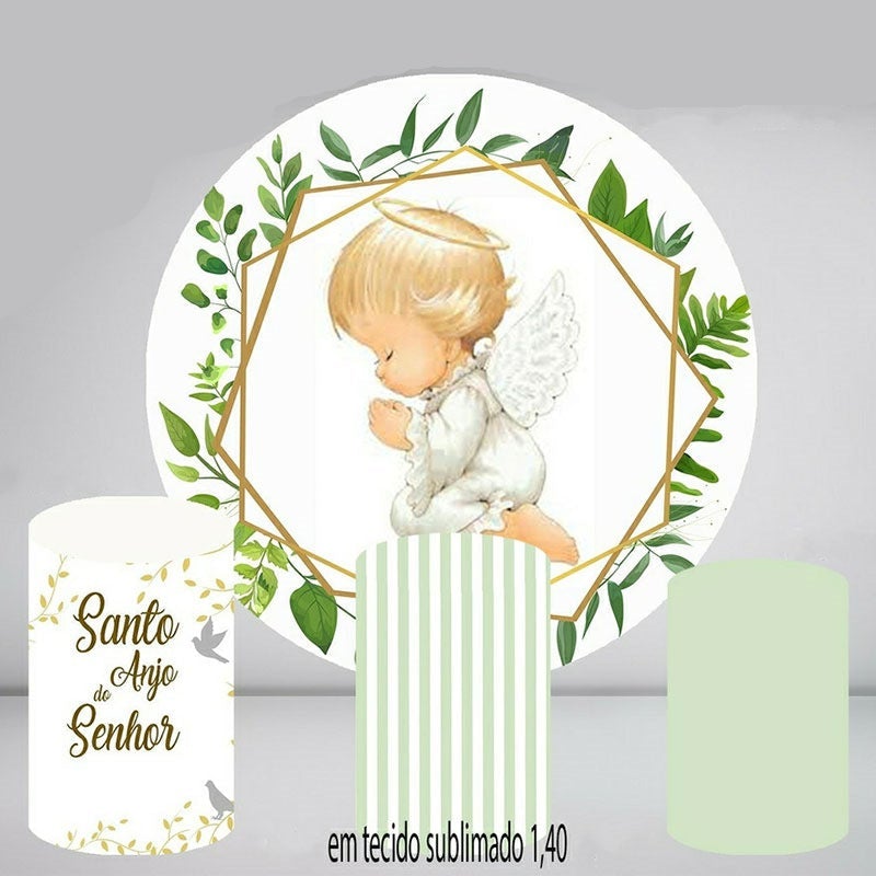 Lofaris Green Leaves And Angle Round White Baby Shower Backdrop Kit