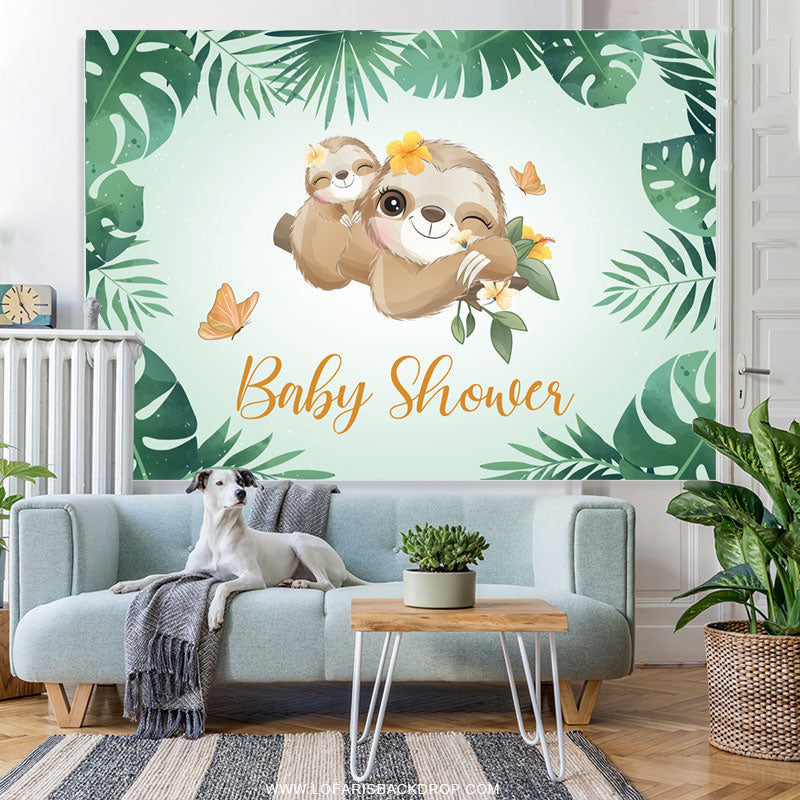 Lofaris Green Leaves And Cute Sloth Baby Shower Backdrop Banner