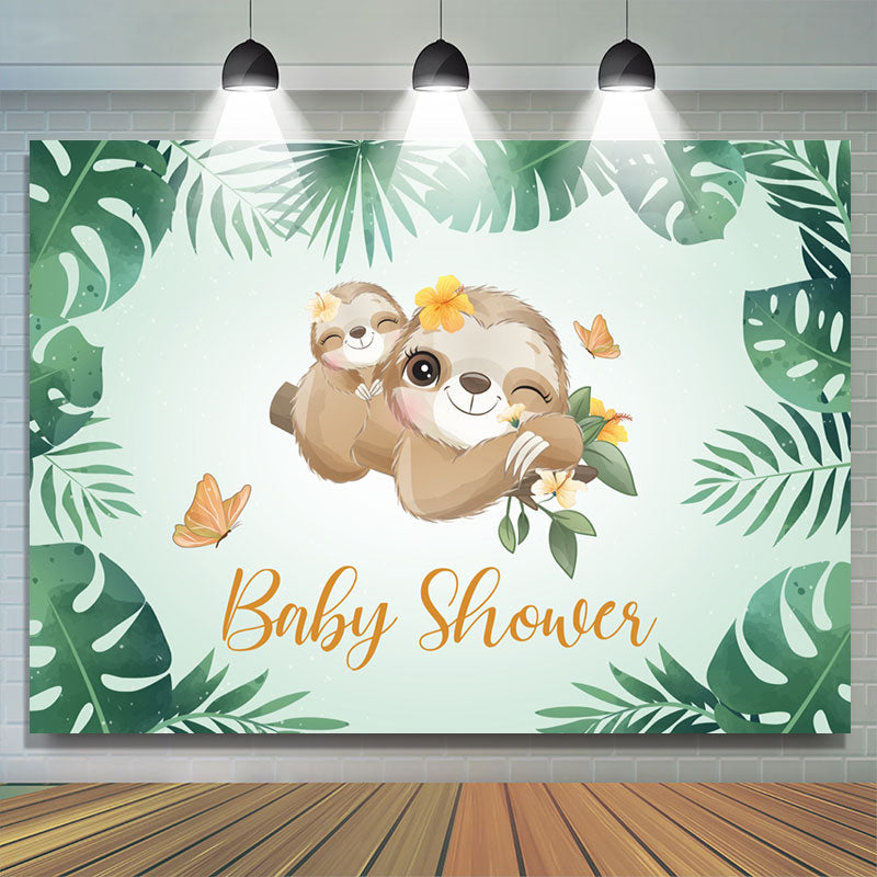 Lofaris Green Leaves And Cute Sloth Baby Shower Backdrop Banner
