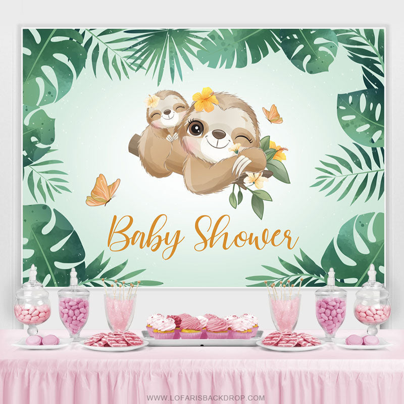Lofaris Green Leaves And Cute Sloth Baby Shower Backdrop Banner