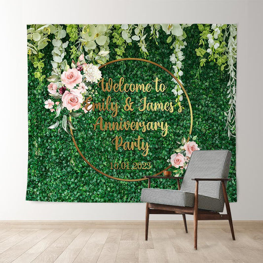 Lofaris Green Leaves And Floral Happy Anniversary Backdrop