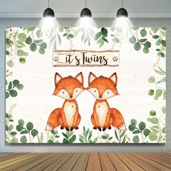 Lofaris Green Leaves And Foxes Its Twins Baby Shower Backdrop