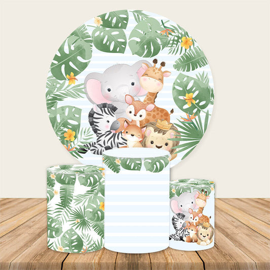 Lofaris Green Leaves And Jungle Animals Round Birthday Backdrop Kit