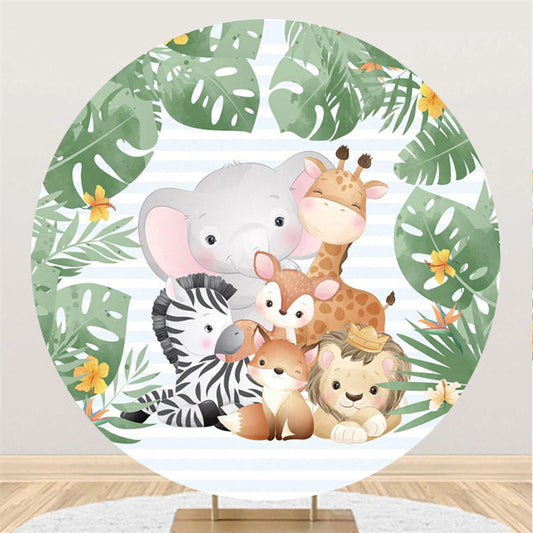 Lofaris Green Leaves And Jungle Animals Round Birthday Backdrop Kit
