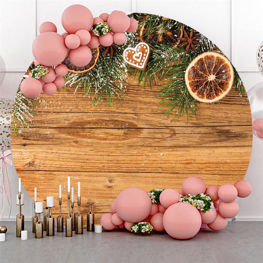 Lofaris Green Leaves And Khaki Brown Wood Round Christmas Backdrop
