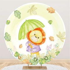 Lofaris Green Leaves And Lion Round Umbrella Baby Shower Backdrop