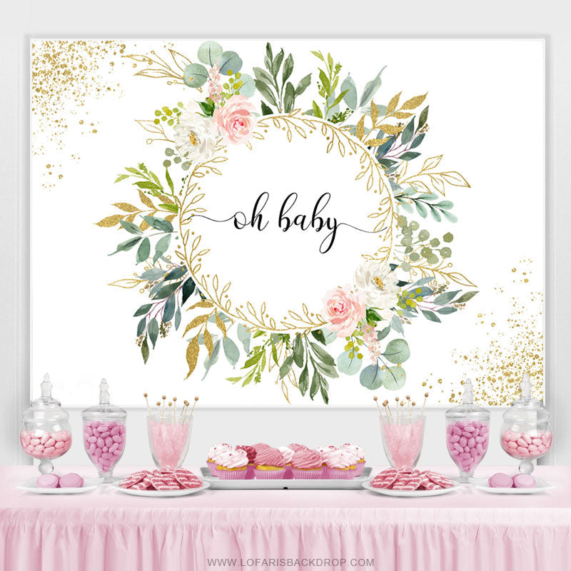 Lofaris Green Leaves And Oh Baby Gold Glitter Shower Backdrop