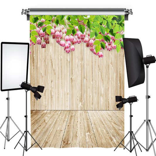 Lofaris Green Leaves And Pink Tulip Wooden Spring Backdrop