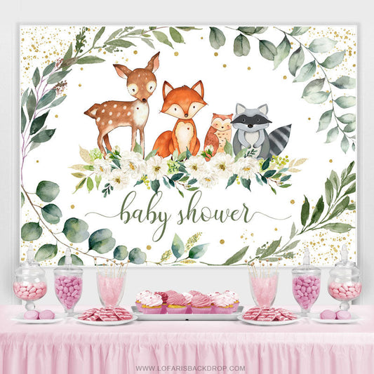Lofaris Green Leaves And White Floral Baby Shower Backdrop