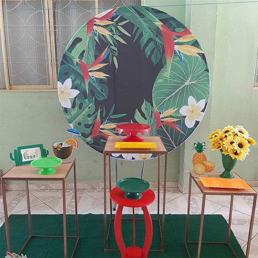 Lofaris Green Leaves And White Floral Round Birthday Backdorp