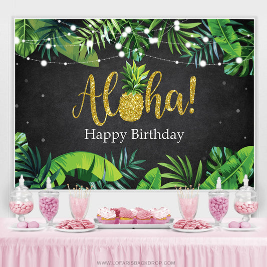 Lofaris Green Leaves Glitter Alha Black Happy Birthday Backdrop