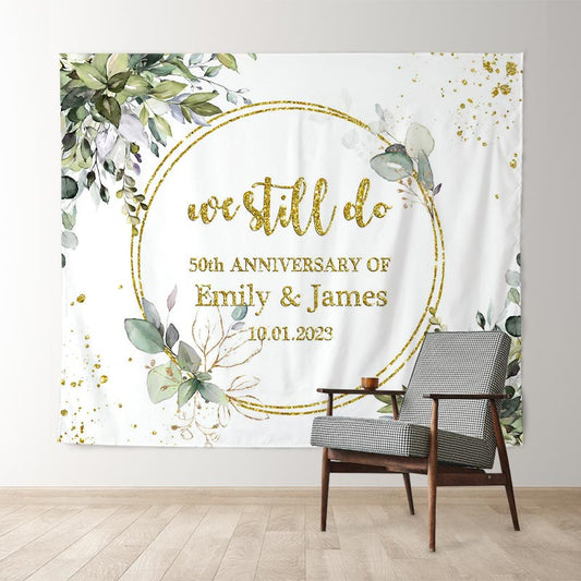 Lofaris Green Leaves Gold Glitter Happy Anniversary Backdrop
