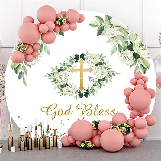 Lofaris Green Leaves Round Gold Glitter Baby Shower Backdrop