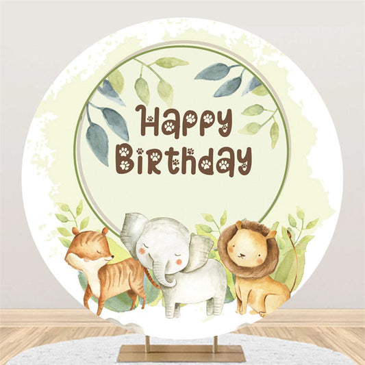 Lofaris Green Leaves Round Animals Happy Birthday Backdrop