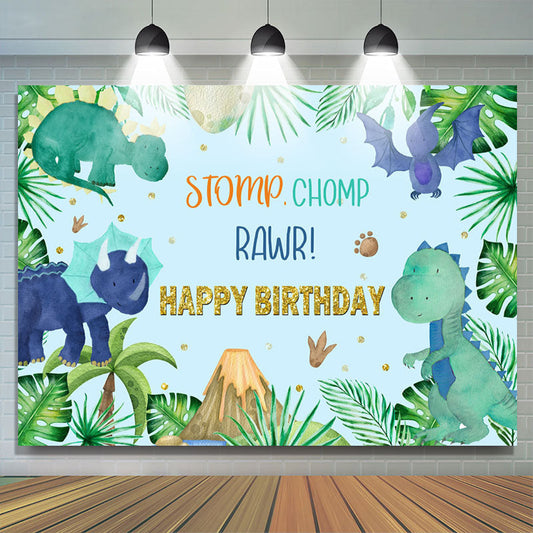 Lofaris Green Leaves Stomp Chomp Rawr Blue Happy Birthday Backdrop