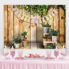 Lofaris Green Plant With Cute Rabbit Wooden Easter Backdrop