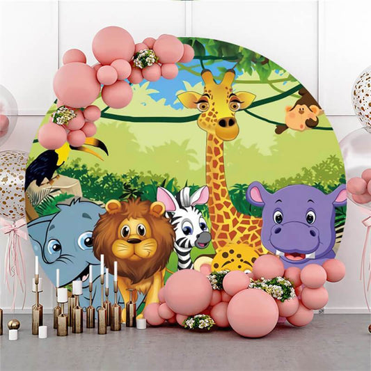 Lofaris Green Plants And Cute Animals Circle Birthday Backdrop