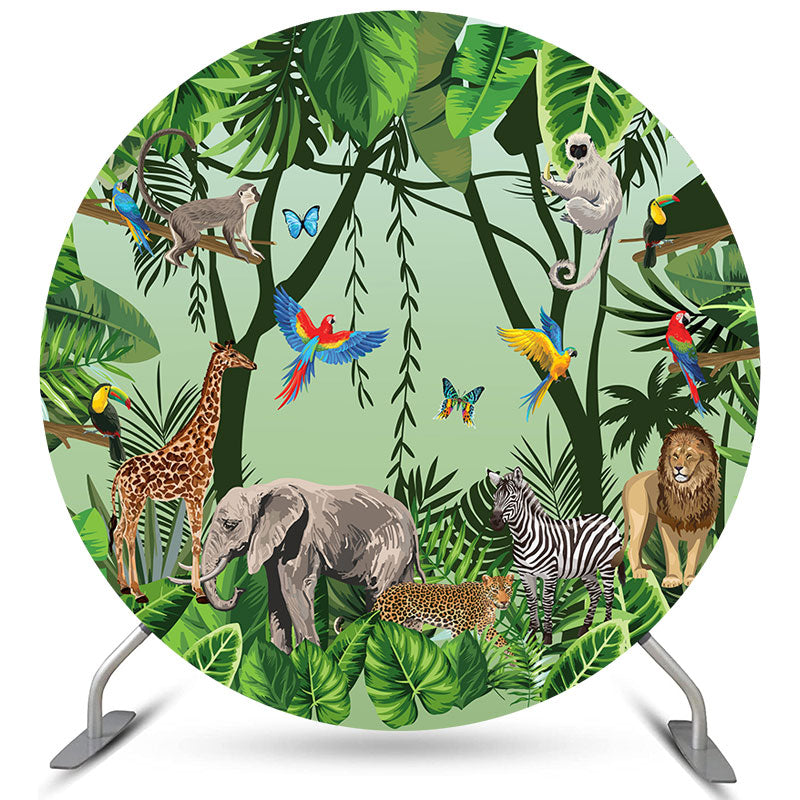 Lofaris Green Rainforest Animals Birthday Round Party Backdrop