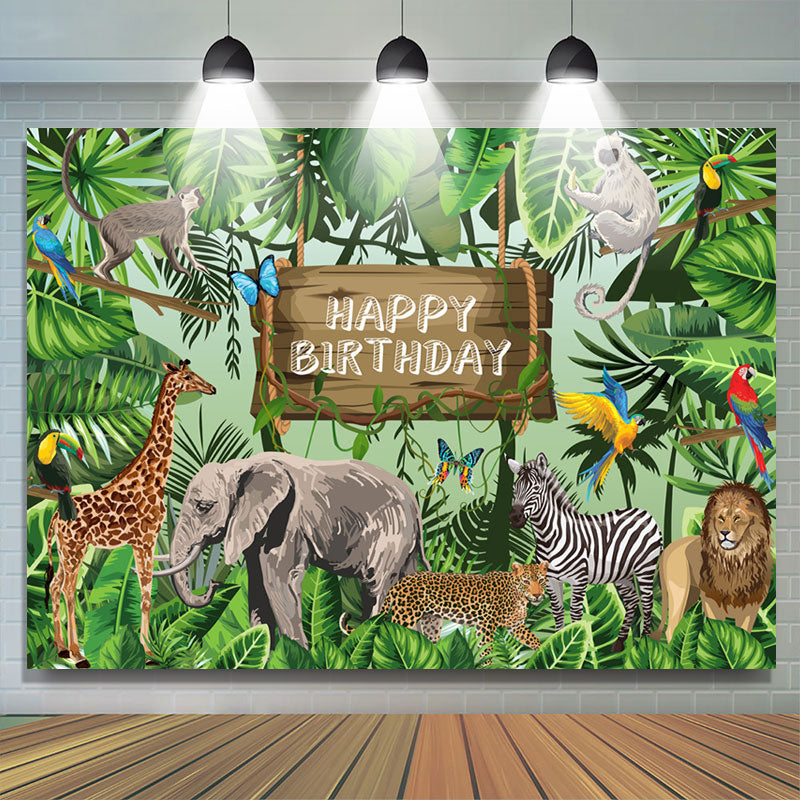 Lofaris Green Safari Animals Plants Happy Birthday Backdrop