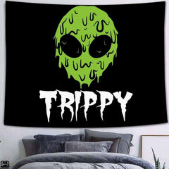 Lofaris Green Skull Trippy Black And White Cartoon Wall Tapestry