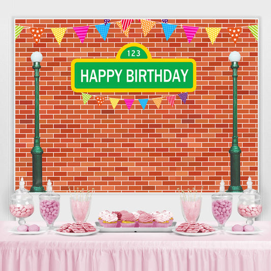 Lofaris Green Street Lamp And Red Brick Happy Birthday Backdrop