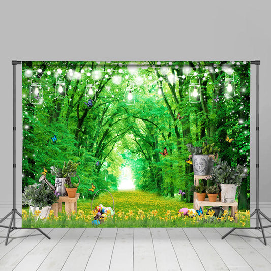 Lofaris Green Tree Alley Easter Eggs Holiday Backdrop