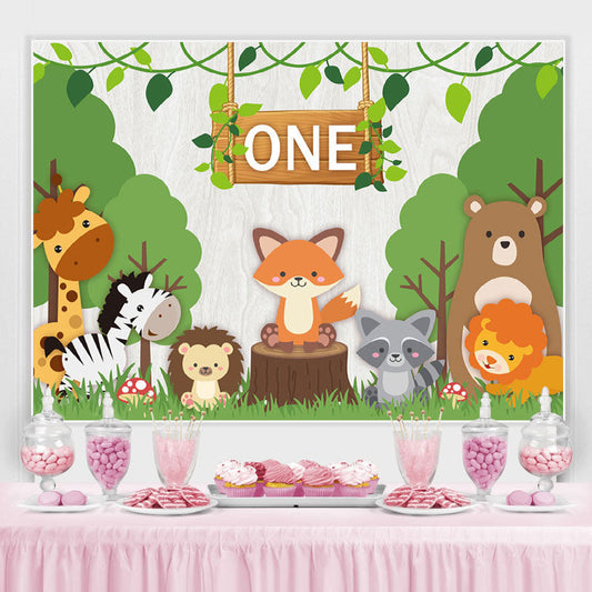 Lofaris Green Trees And Animal One Birthday Backdrop For Boy