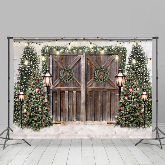 Lofaris Green Wreath Tree Stripe Wooden Winter Party Backdrop