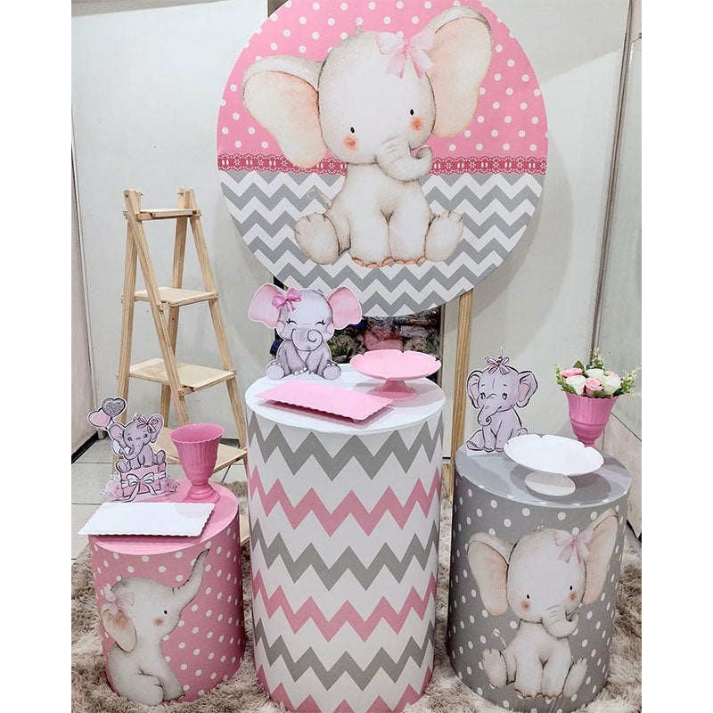 Lofaris Grey Stripes And Pink Elephant Round Birthday Backdrop Kit