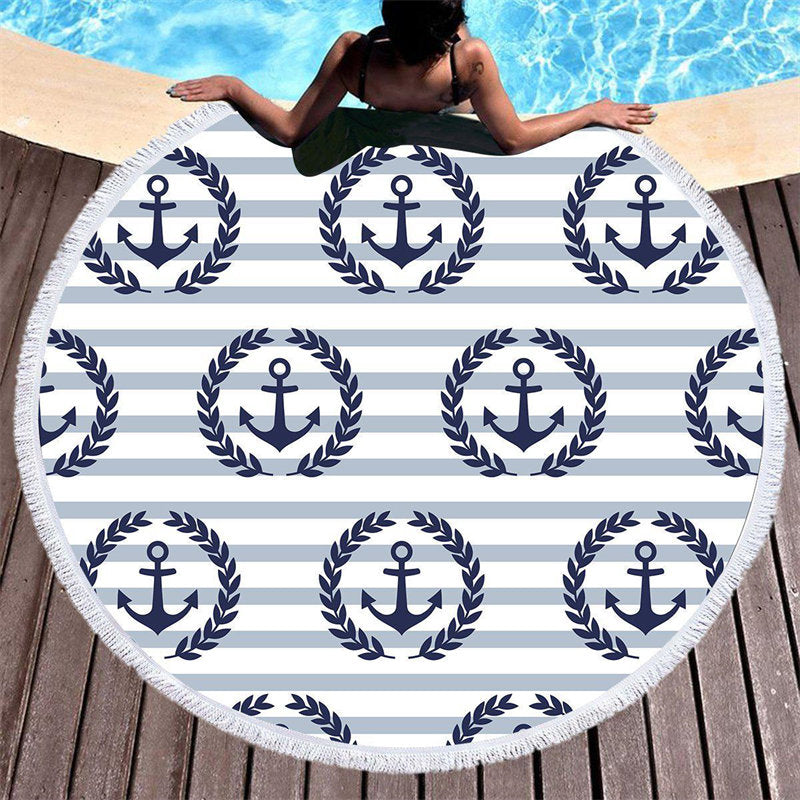 Lofaris Grey White Stripe Ocean Anchor Round Beach Towel