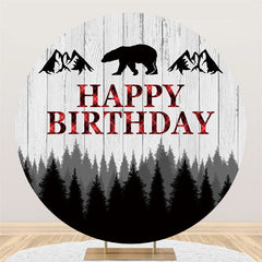 Lofaris Grey Wooden Forest Round A Bear Happy Birthday Backdrop
