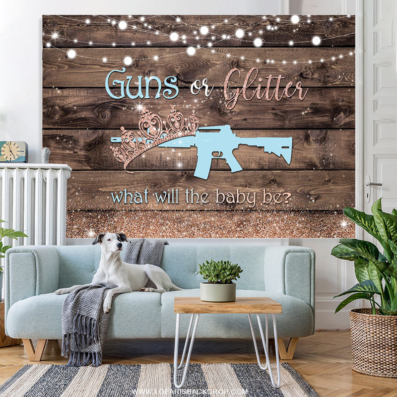 Guns Or Glitter Gender Reveal Backdrop Wooden Style Party Baby