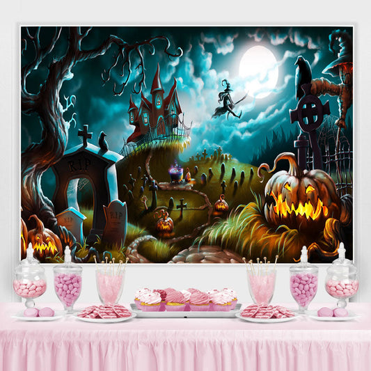 Lofaris Halloween Scary Night Castle Pumpkins Witch Cemetery Backdrop