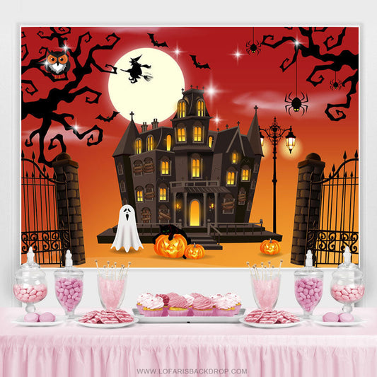 Lofaris Halloween Theme House Red With Orange Baby Shower Backdrop