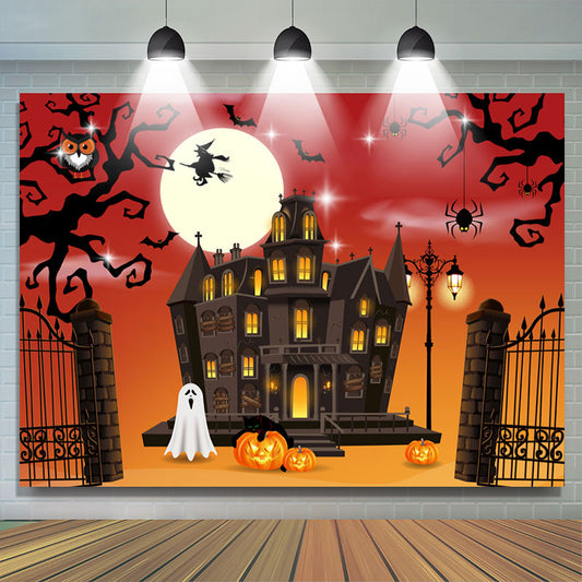 Lofaris Halloween Theme House Red With Orange Baby Shower Backdrop