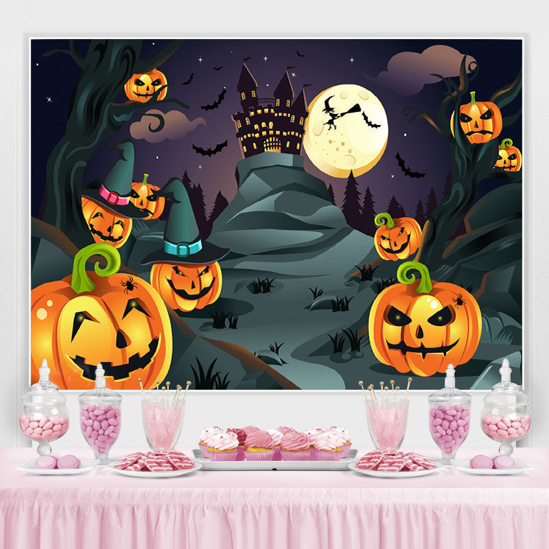 Lofaris Halloween Witch Moon Night Bat Pumpkin Haunted House Backdrop
