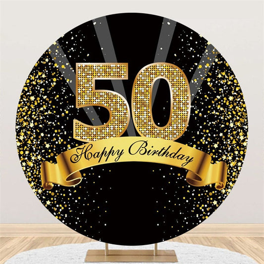 Lofaris Happy 50th Birthday Black Gold Glitter Ribbon Round Backdrops
