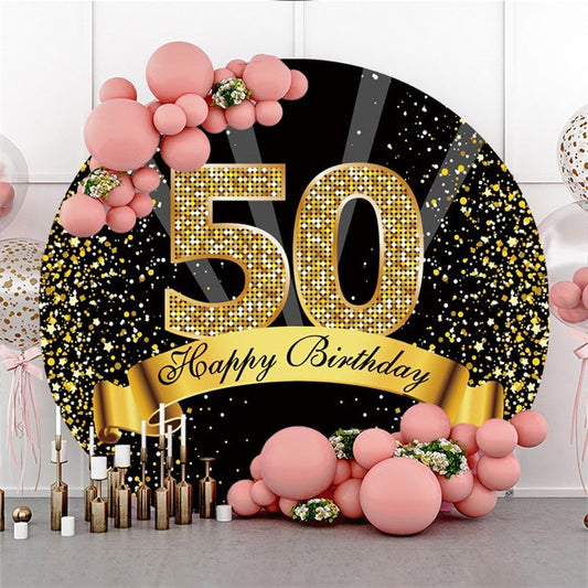 Lofaris Happy 50th Birthday Black Gold Glitter Ribbon Round Backdrops