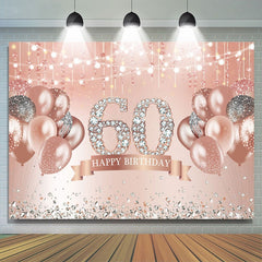 Lofaris Happy 60th Birthday Pink Balloon Diamonds Giltter Backdrop
