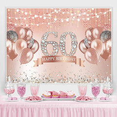Lofaris Happy 60th Birthday Pink Balloon Diamonds Giltter Backdrop