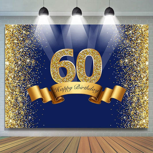 Lofaris Happy 60th Birthday Royal Blue Gold Glitter Backdrop for Photos