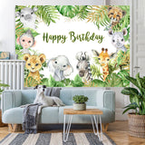 Load image into Gallery viewer, Lofaris Happy Birthday Animals Jungle Green Leaves Party Backdrop