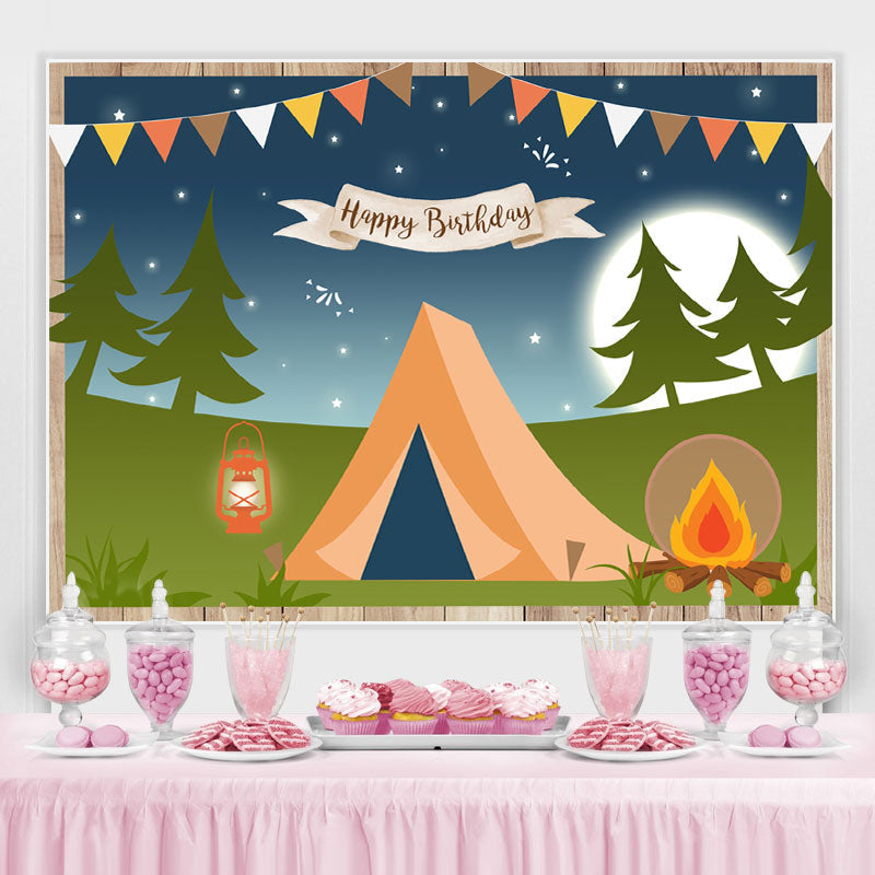 Lofaris Happy Birthday Camping Night Forest Cartoon Party Backdrop